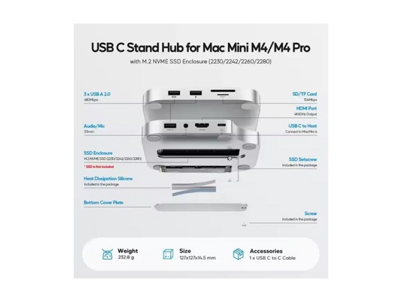 PULWTOP Mac mini M4/M4 Pro Hub Stand Dock with External Storage Upgrade M.2 SSD Enclosure