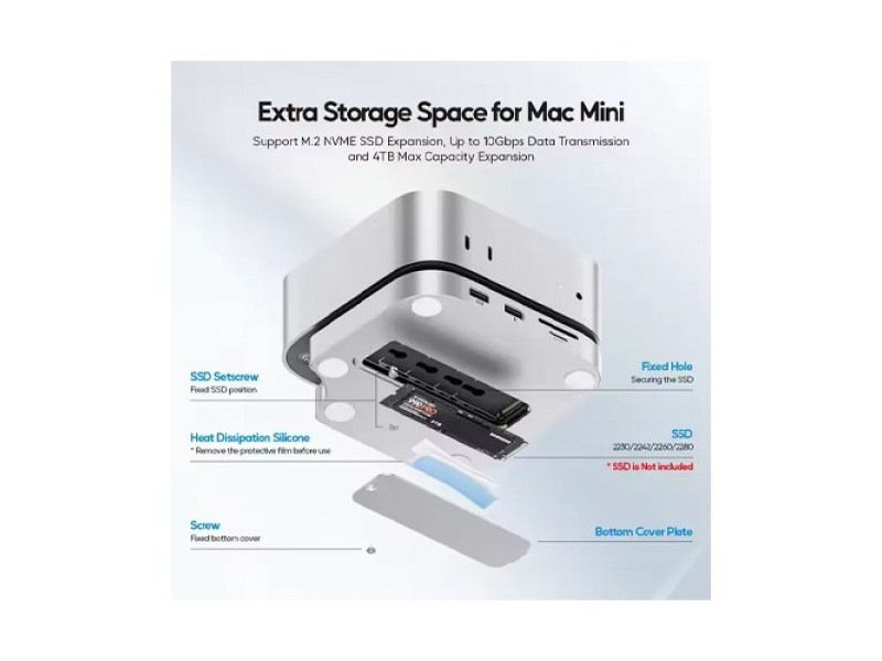 PULWTOP Mac mini M4/M4 Pro Hub Stand Dock with External Storage Upgrade M.2 SSD Enclosure