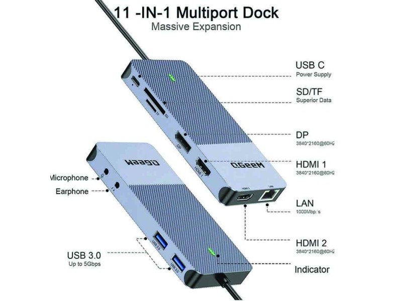 QGEEM GIQ 11-IN-1 4K USB-C DISPLAY LINK DOCKING STATION (D6906P)