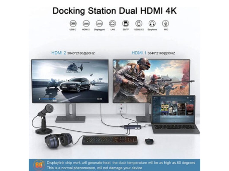 QGeeM USB 3.0 Docking Station, USB C Hub to HDMI Multiport Adapter, USB Hub Dual HDMI VGA Monitor Triple Display Portable Laptop USB Dock